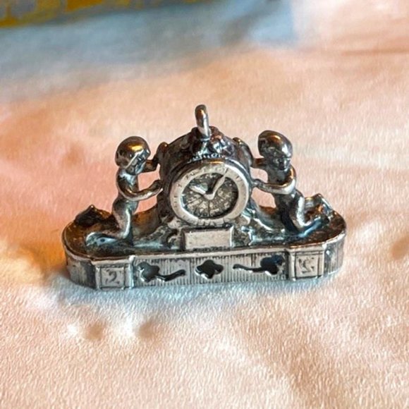 Vintage Silver French Mantle Clock Charm with Cherubs - Picture 1 of 7